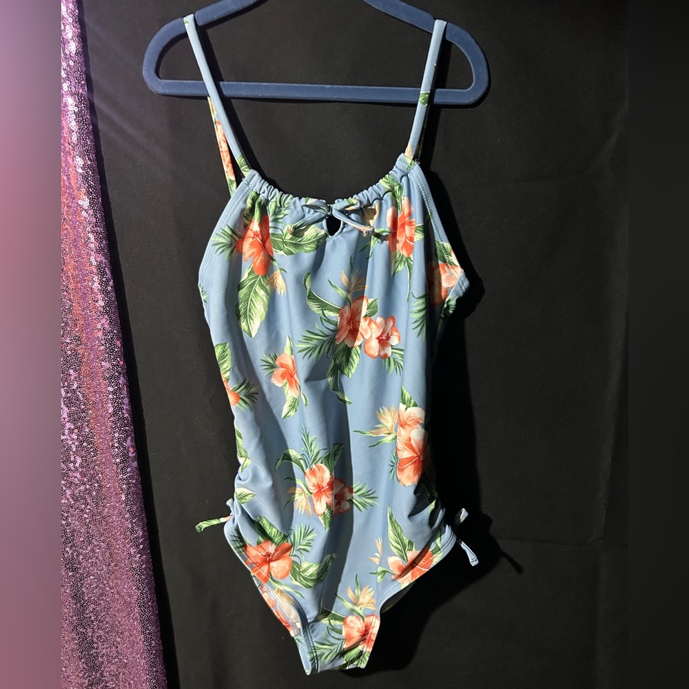 Old Navy Light Blue Floral Kids Swim One Piece EUC